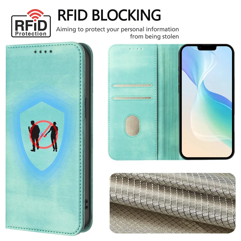 For iPhone 16 Pro Max Wallet Cases Retro Texture RFID Blocking Leather Phone Cover - Mint Green-Cellmalls