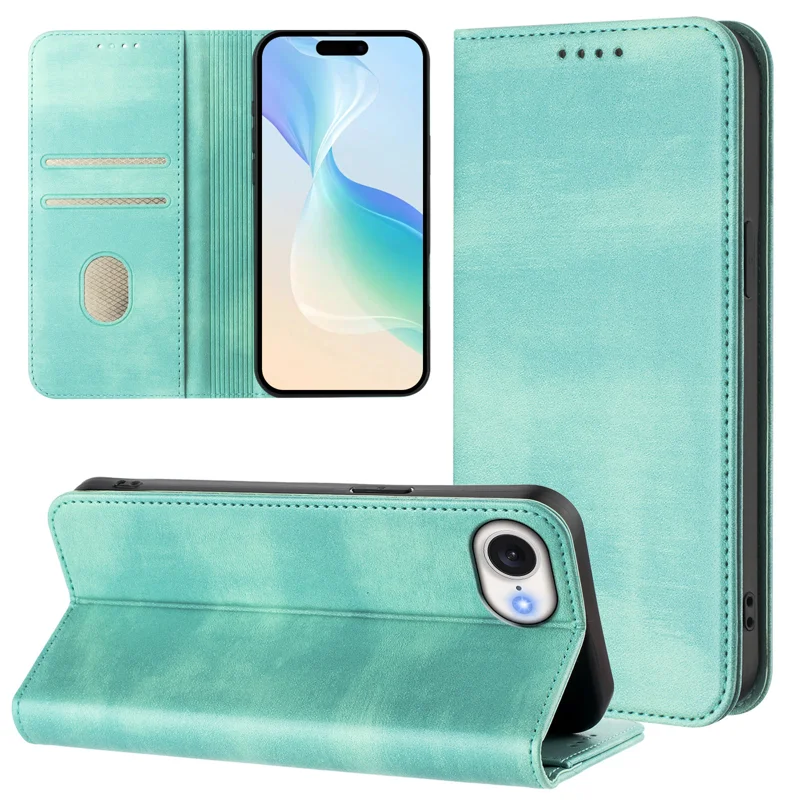For iPhone 16e Wallet Cases Retro Texture RFID Blocking Leather Phone Cover - Mint Green-Cellmalls
