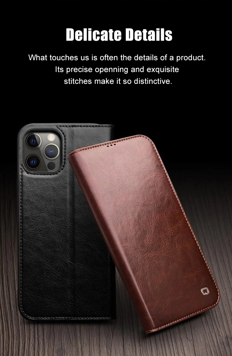 QIALINO For iPhone 12 mini 5.4 inch Genuine Cowhide Leather Case Wallet Stand Phone Cover - Black-Cellmalls