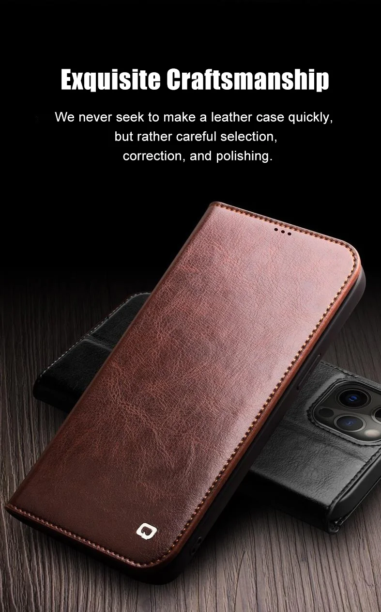 QIALINO For iPhone 12 mini 5.4 inch Genuine Cowhide Leather Case Wallet Stand Phone Cover - Black-Cellmalls