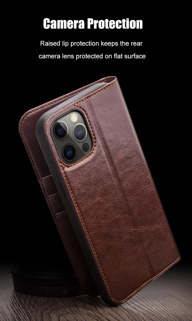 QIALINO For iPhone 12 mini 5.4 inch Genuine Cowhide Leather Case Wallet Stand Phone Cover - Black-Cellmalls