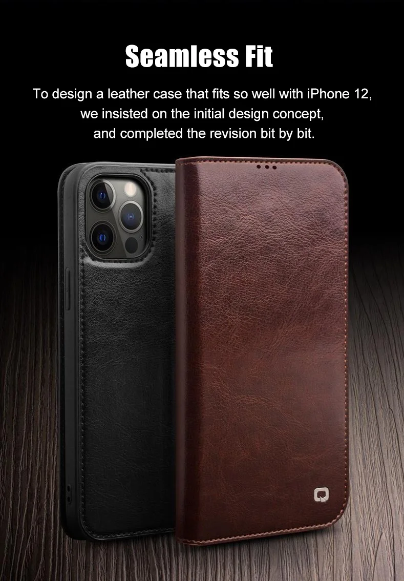 QIALINO For iPhone 12 mini 5.4 inch Genuine Cowhide Leather Case Wallet Stand Phone Cover - Black-Cellmalls