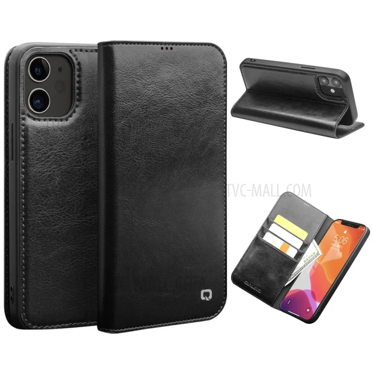 QIALINO For iPhone 12 mini 5.4 inch Genuine Cowhide Leather Case Wallet Stand Phone Cover - Black-Cellmalls
