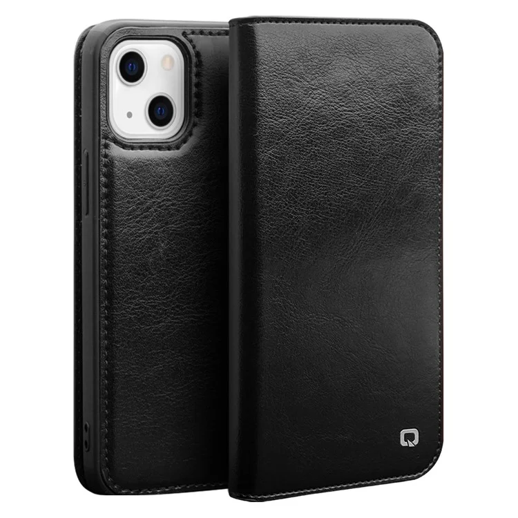 QIALINO For iPhone 13 Top Layer Cowhide Leather Wallet Stand Phone Case Protector - Black-Cellmalls