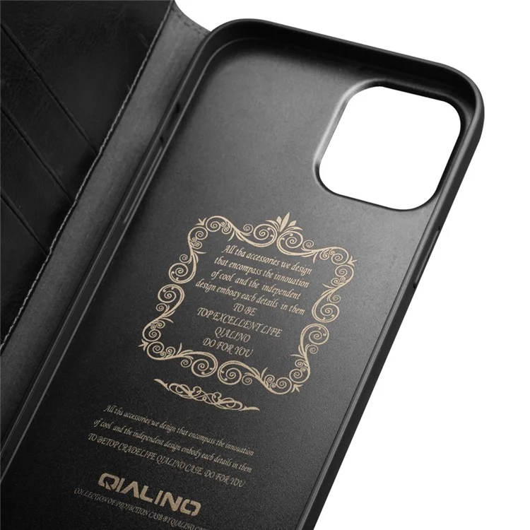 QIALINO For iPhone 13 Top Layer Cowhide Leather Wallet Stand Phone Case Protector - Black-Cellmalls