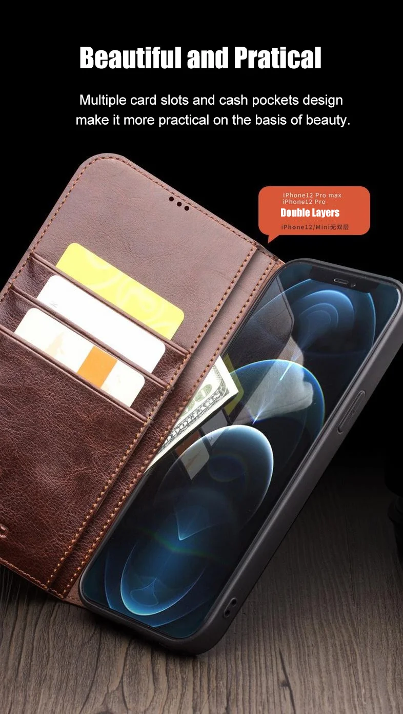 QIALINO For iPhone 12 mini 5.4 inch Genuine Cowhide Leather Case Wallet Stand Phone Cover - Black-Cellmalls