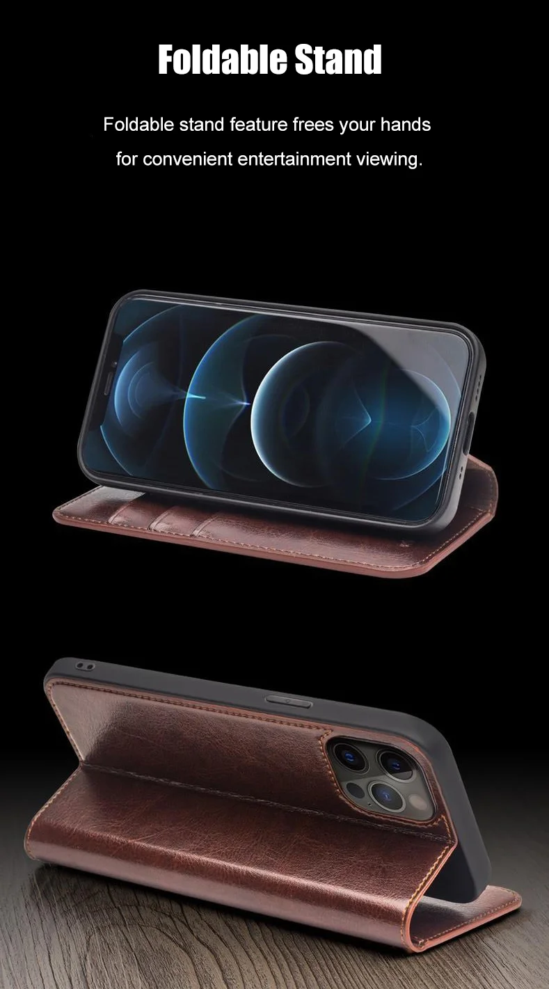 QIALINO For iPhone 12 mini 5.4 inch Genuine Cowhide Leather Case Wallet Stand Phone Cover - Black-Cellmalls