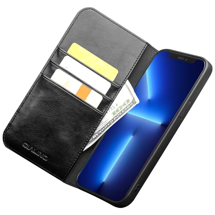 QIALINO For iPhone 13 Pro 6.1 inch Wallet Stand Phone Cover Top Layer Cowhide Leather + TPU Cover Shell - Black-Cellmalls