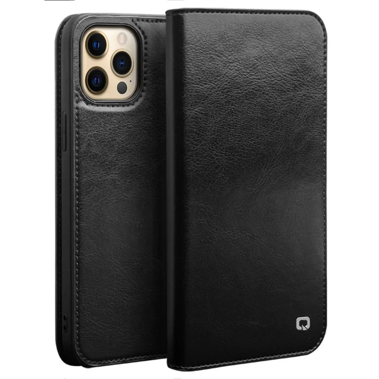 QIALINO For iPhone 13 Pro 6.1 inch Wallet Stand Phone Cover Top Layer Cowhide Leather + TPU Cover Shell - Black-Cellmalls