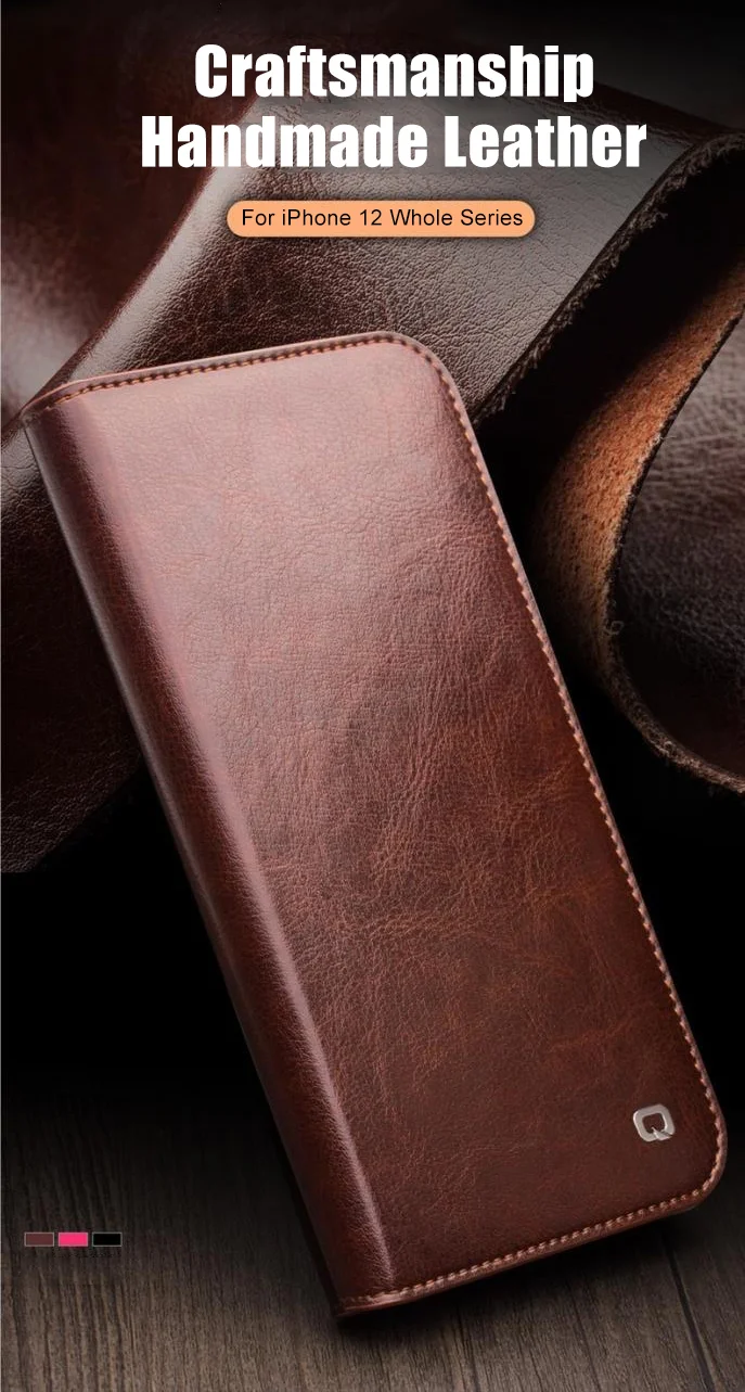 QIALINO For iPhone 12 mini 5.4 inch Genuine Cowhide Leather Case Wallet Stand Phone Cover - Black-Cellmalls