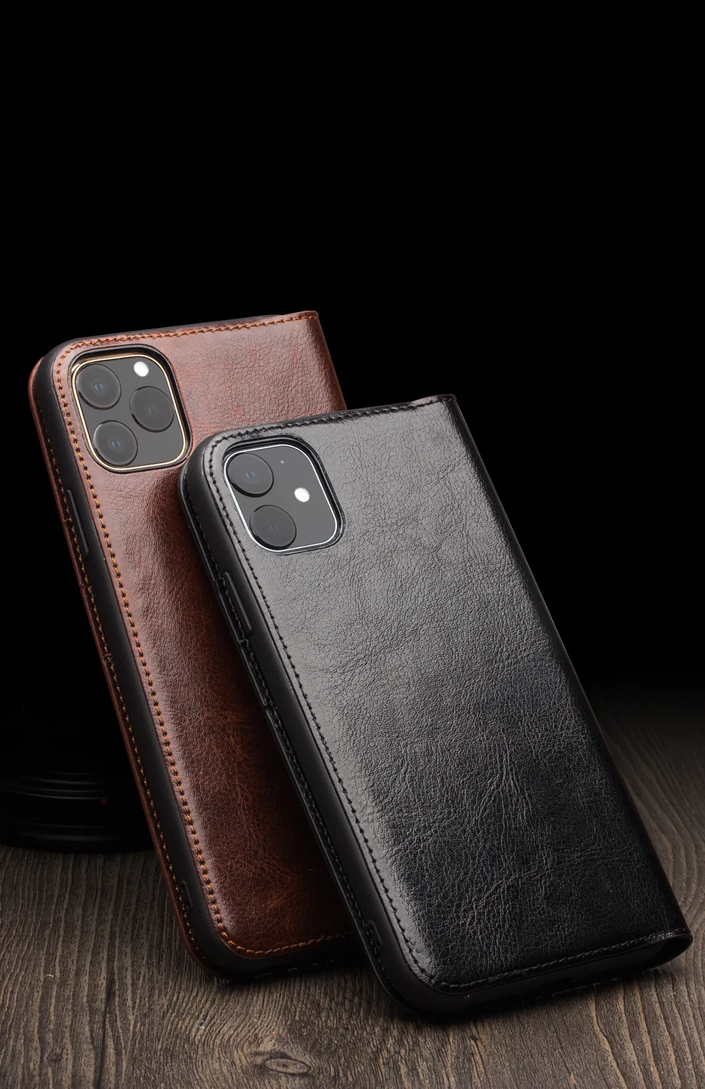 QIALINO For iPhone 11 6.1 inch Phone Case Genuine Cowhide Leather Wallet Protective Cover Shell - Black-Cellmalls