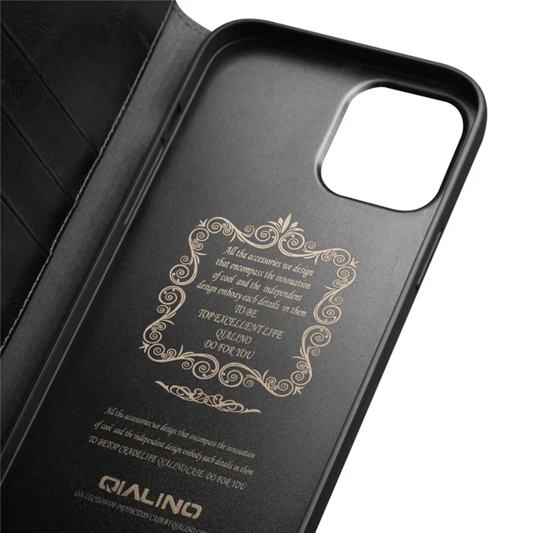 QIALINO Top Layer Cowhide Leather Stand Wallet Cell Phone Cover Protector for iPhone 13 Pro Max 6.7 inch - Black-Cellmalls