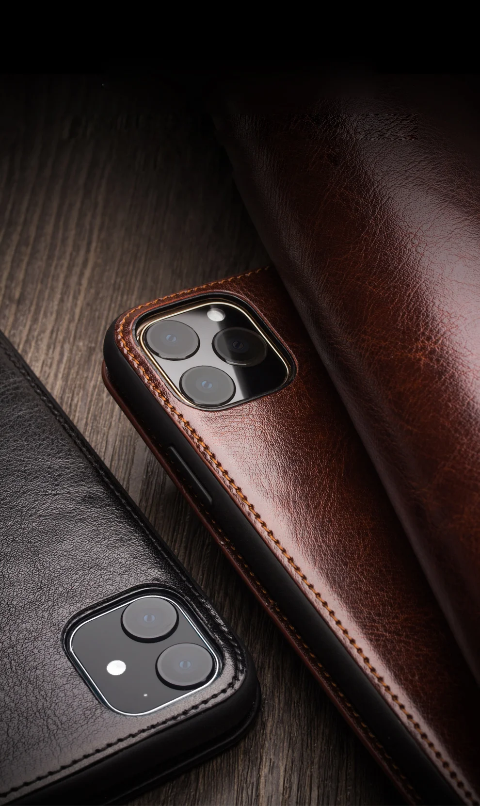 QIALINO For iPhone 11 6.1 inch Phone Case Genuine Cowhide Leather Wallet Protective Cover Shell - Black-Cellmalls