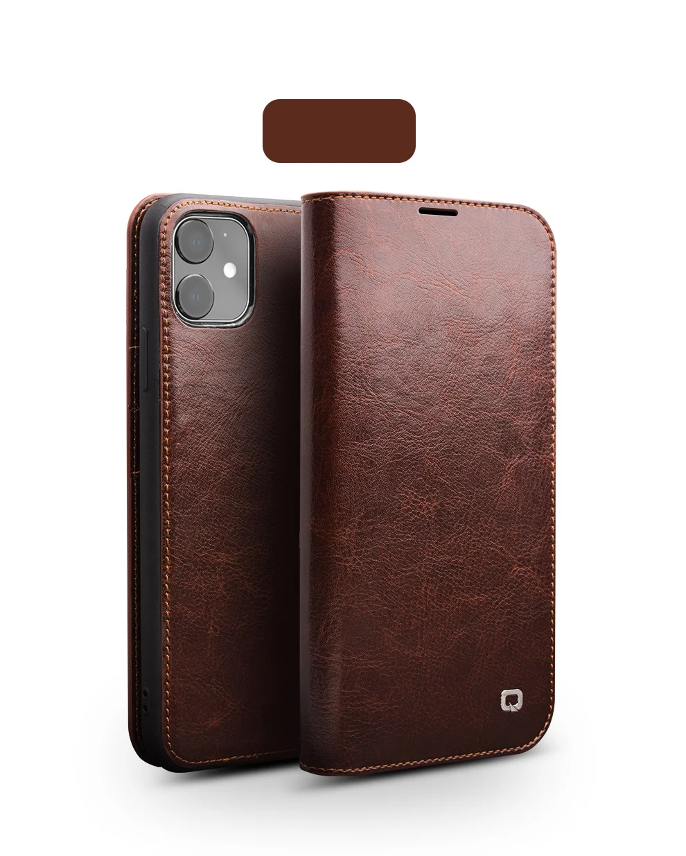 QIALINO For iPhone 11 6.1 inch Phone Case Genuine Cowhide Leather Wallet Protective Cover Shell - Black-Cellmalls