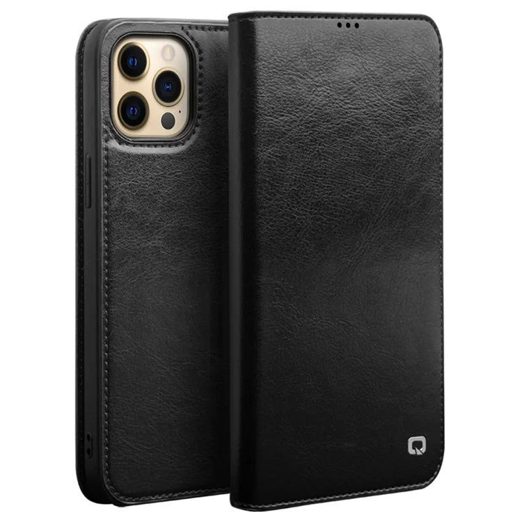 QIALINO Top Layer Cowhide Leather Stand Wallet Cell Phone Cover Protector for iPhone 13 Pro Max 6.7 inch - Black-Cellmalls