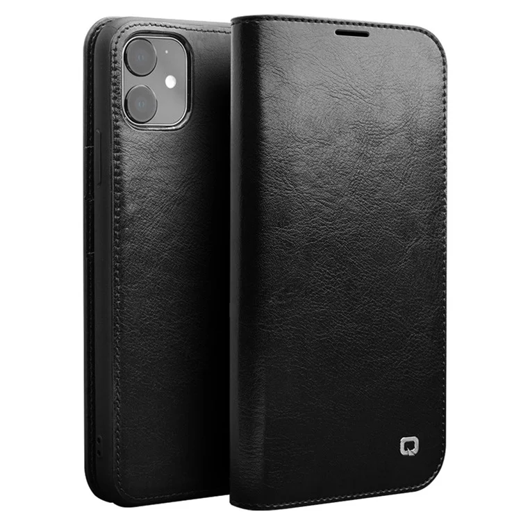 QIALINO For iPhone 11 6.1 inch Phone Case Genuine Cowhide Leather Wallet Protective Cover Shell - Black-Cellmalls