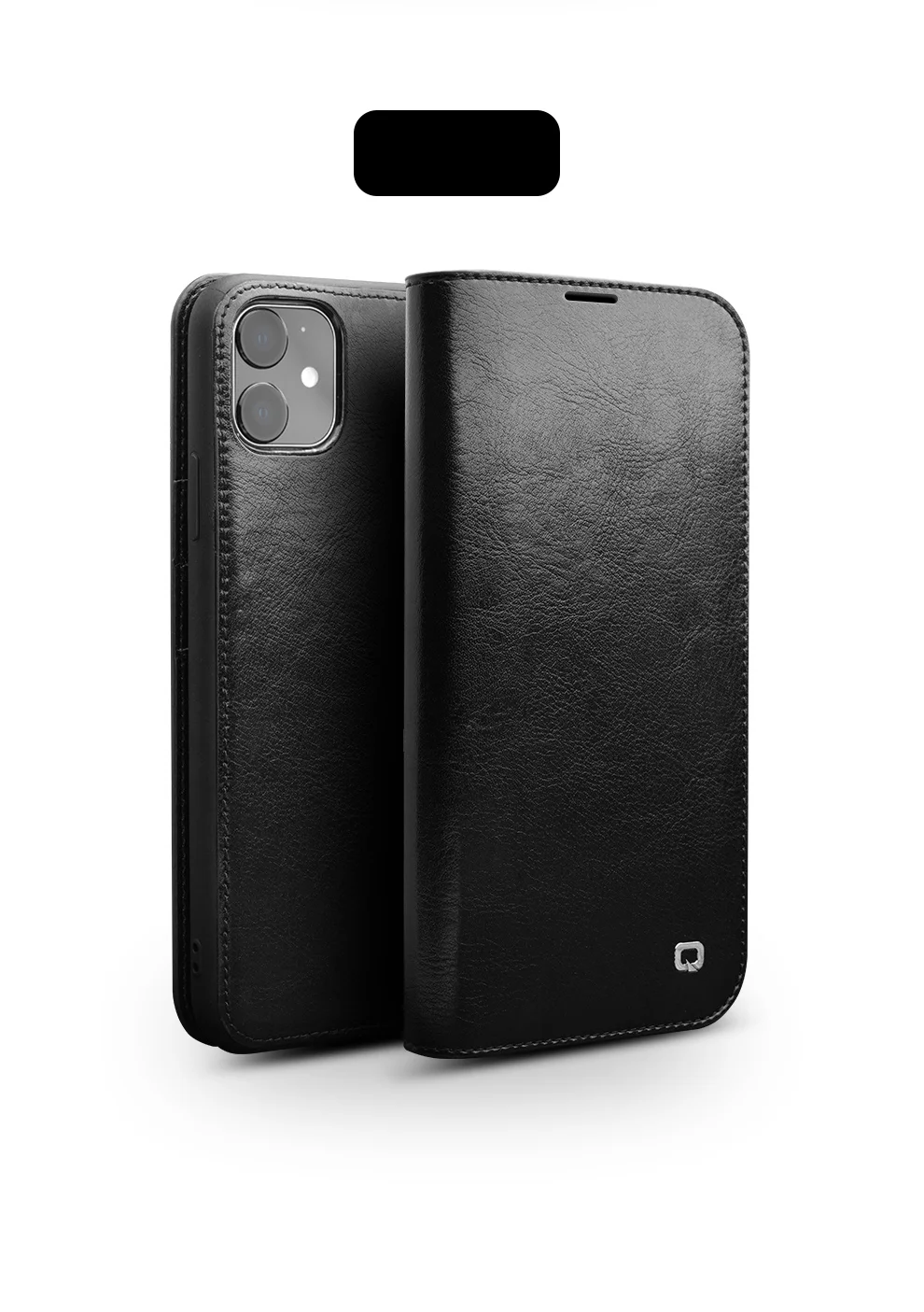 QIALINO For iPhone 11 6.1 inch Phone Case Genuine Cowhide Leather Wallet Protective Cover Shell - Black-Cellmalls