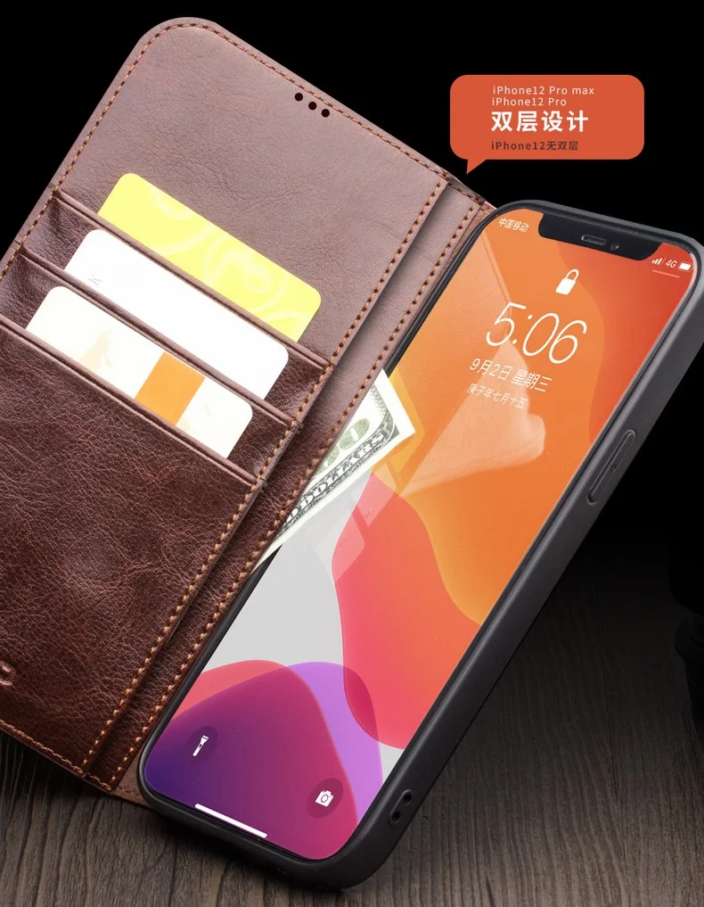 QIALINO For iPhone 12 Pro Max 6.7 inch Genuine Cowhide Leather Phone Case Wallet Stand Shockproof Protective Cover - Black-Cellmalls