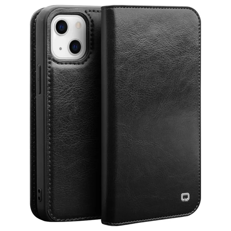 QIALINO For iPhone 14 6.1 inch Anti-fall Full Protection Phone Case Flip Stand Wallet Cover Genuine Leather Phone Shell with Card Holder - Black-Cellmalls