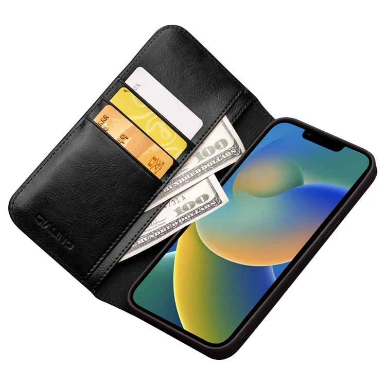 QIALINO For iPhone 14 6.1 inch Anti-fall Full Protection Phone Case Flip Stand Wallet Cover Genuine Leather Phone Shell with Card Holder - Black-Cellmalls