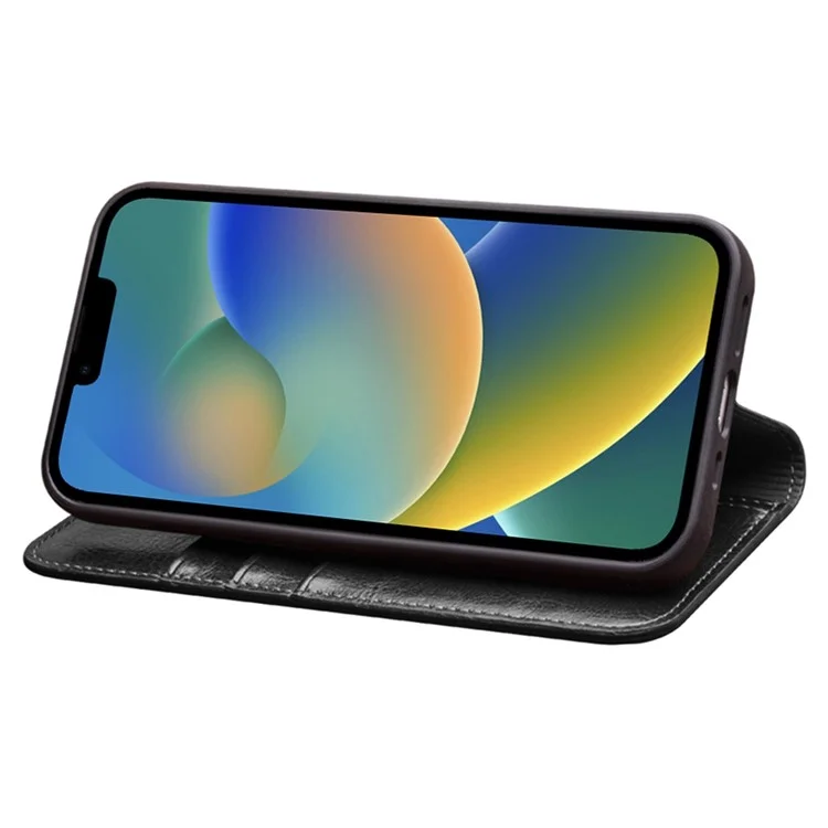QIALINO For iPhone 14 6.1 inch Anti-fall Full Protection Phone Case Flip Stand Wallet Cover Genuine Leather Phone Shell with Card Holder - Black-Cellmalls