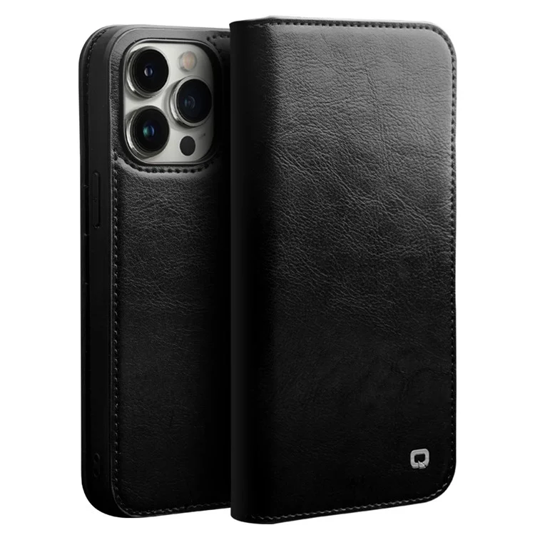 QIALINO For iPhone 14 Pro 6.1 inch Full Protection Phone Case Flip Wallet Cover Stand Shockproof Genuine Leather Phone Shell Card Holder - Black-Cellmalls