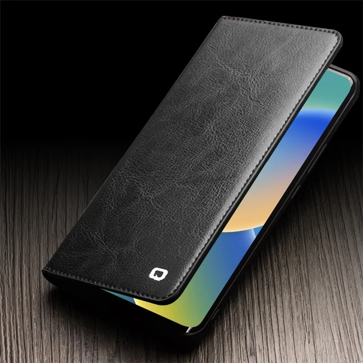 QIALINO For iPhone 14 Plus Full Protection Phone Flip Wallet Case Stand Drop-proof Genuine Leather Phone Cover - Black-Cellmalls