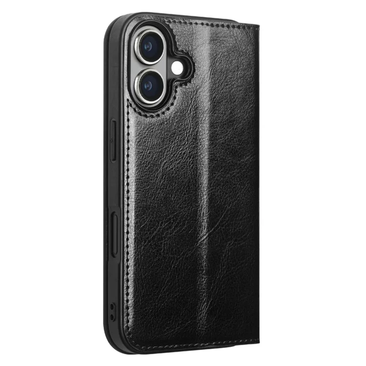 QIALINO For iPhone 16 Case Genuine Cow Leather Card Holder Stand Flip Phone Cover - Black-Cellmalls