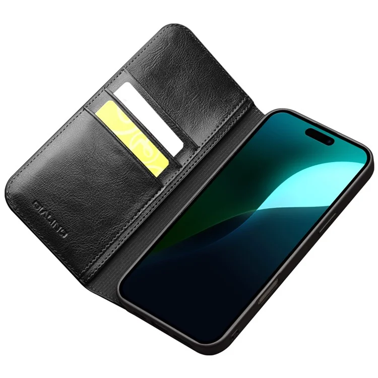 QIALINO For iPhone 16 Case Genuine Cow Leather Card Holder Stand Flip Phone Cover - Black-Cellmalls