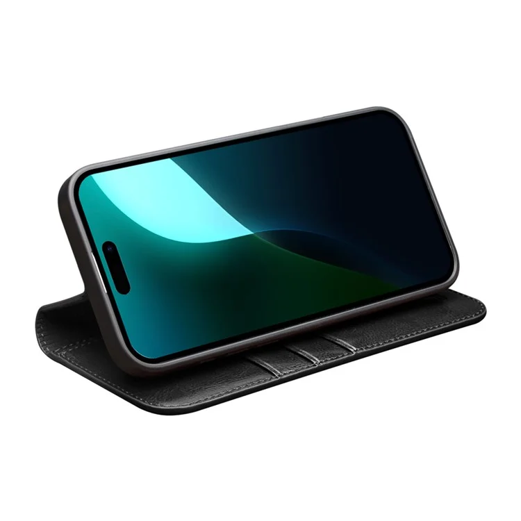 QIALINO For iPhone 16 Plus Case Card Holder Genuine Cow Leather Stand Phone Cover - Black-Cellmalls
