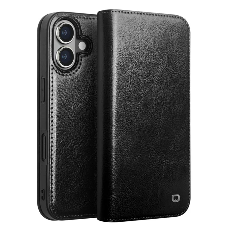 QIALINO For iPhone 16 Plus Case Card Holder Genuine Cow Leather Stand Phone Cover - Black-Cellmalls