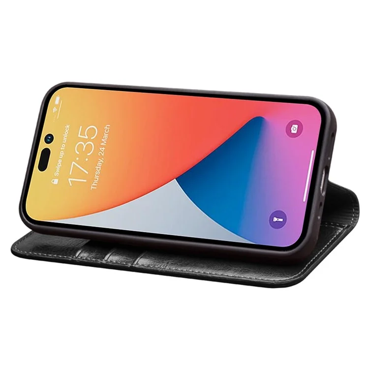 QIALINO For iPhone 14 Pro Max 6.7 inch Phone Flip Wallet Case Stand Drop-proof Genuine Leather Phone Cover - Black-Cellmalls