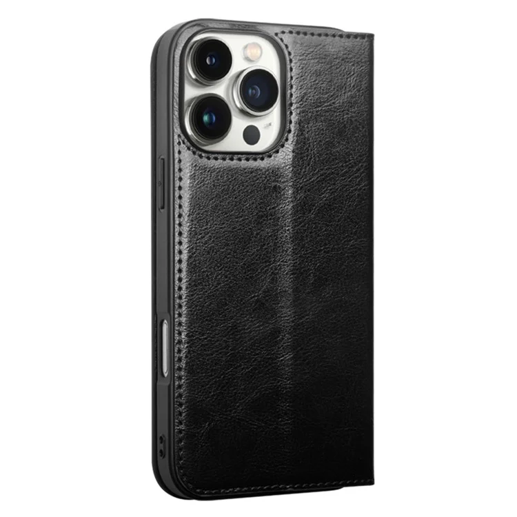 QIALINO For iPhone 16 Pro Case Genuine Cow Leather Phone Cover with Card Holder - Black-Cellmalls
