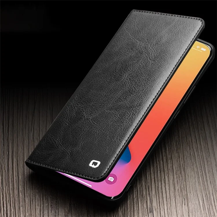 QIALINO For iPhone 14 Pro Max 6.7 inch Phone Flip Wallet Case Stand Drop-proof Genuine Leather Phone Cover - Black-Cellmalls