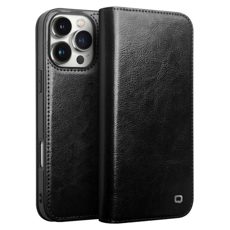 QIALINO For iPhone 16 Pro Max Case Genuine Cow Leather Card Slots Phone Cover - Black-Cellmalls