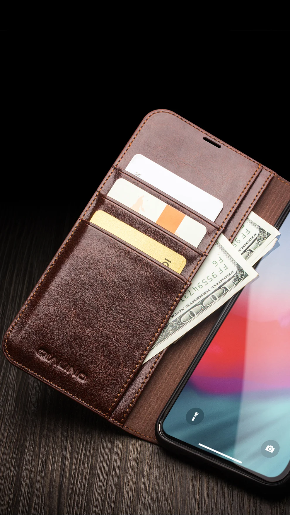 QIALINO Genuine Cowhide Leather Wallet Cover for iPhone 11 Pro 5.8 inch - Black-Cellmalls