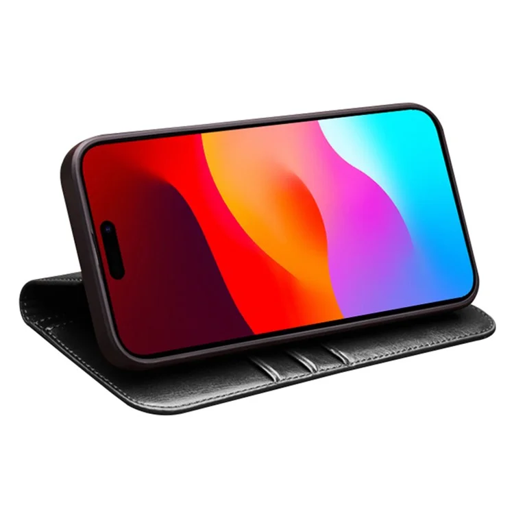 QIALINO For iPhone 15 Plus Anti-Drop Genuine Leather Phone Case Stand Full Wrapped Wallet Flip Cover - Black-Cellmalls