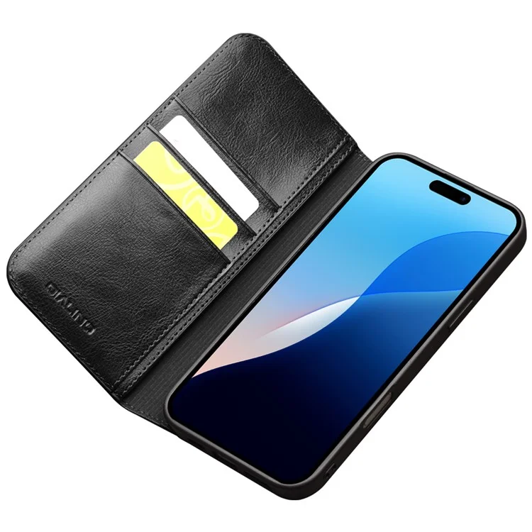 QIALINO For iPhone 16 Pro Max Case Genuine Cow Leather Card Slots Phone Cover - Black-Cellmalls