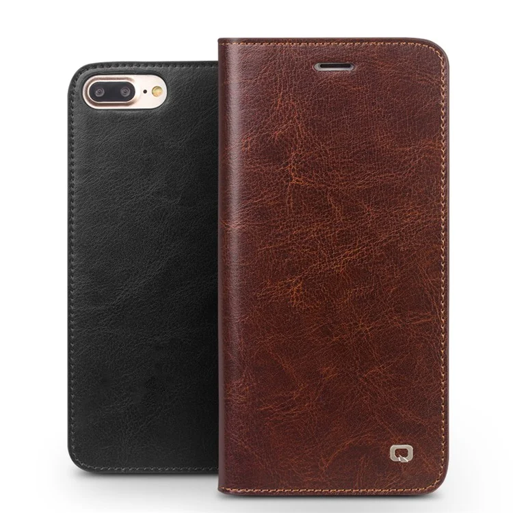 QIALINO For iPhone 8 Plus/7 Plus 5.5 inch Genuine Cowhide Leather Cover Wallet Protective Phone Case - Brown-Cellmalls