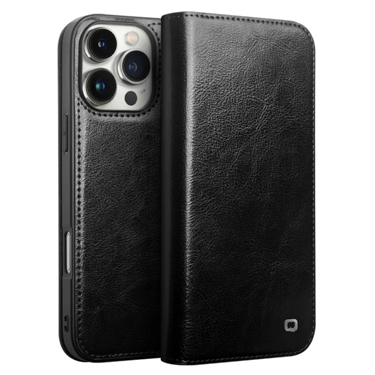 QIALINO For iPhone 16 Pro Case Genuine Cow Leather Phone Cover with Card Holder - Black-Cellmalls