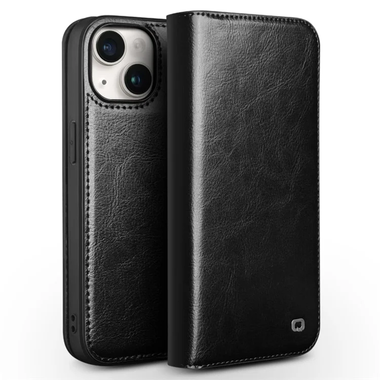 QIALINO For iPhone 15 Plus Anti-Drop Genuine Leather Phone Case Stand Full Wrapped Wallet Flip Cover - Black-Cellmalls