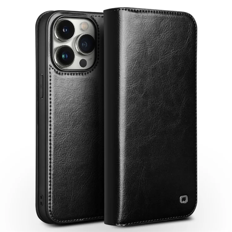 QIALINO For iPhone 15 Pro Shockproof Genuine Leather Flip Case Full Protection Wallet Cover Stand - Black-Cellmalls