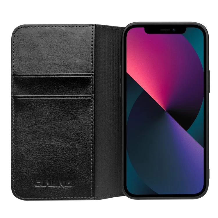 QIALINO For iPhone 13 mini 5.4 inch Top Layer Cowhide Leather All-round Protection Phone Case Stand Shell with Wallet - Black-Cellmalls