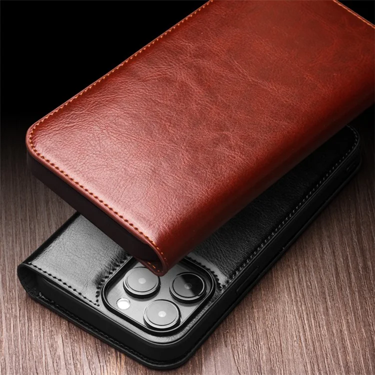 QIALINO For iPhone 15 Pro Shockproof Genuine Leather Flip Case Full Protection Wallet Cover Stand - Black-Cellmalls