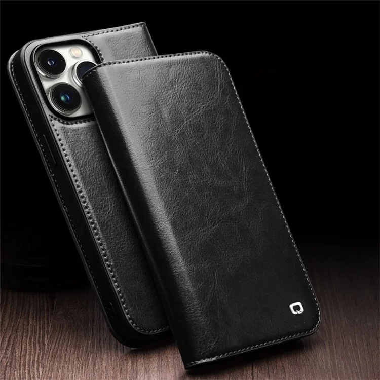 QIALINO For iPhone 15 Pro Shockproof Genuine Leather Flip Case Full Protection Wallet Cover Stand - Black-Cellmalls
