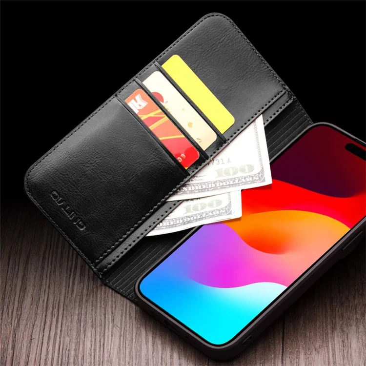 QIALINO For iPhone 15 Plus Anti-Drop Genuine Leather Phone Case Stand Full Wrapped Wallet Flip Cover - Black-Cellmalls