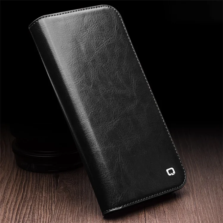 QIALINO For iPhone 15 Pro Max Genuine Leather Folio Flip Cover Wallet Stand Full Protection Phone Case - Black-Cellmalls