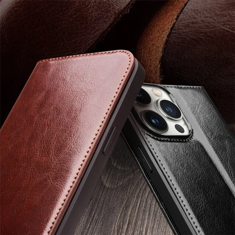 QIALINO For iPhone 15 Pro Max Genuine Leather Folio Flip Cover Wallet Stand Full Protection Phone Case - Black-Cellmalls