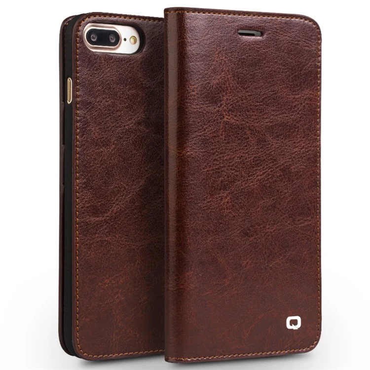 QIALINO For iPhone 8 Plus/7 Plus 5.5 inch Genuine Cowhide Leather Cover Wallet Protective Phone Case - Brown-Cellmalls