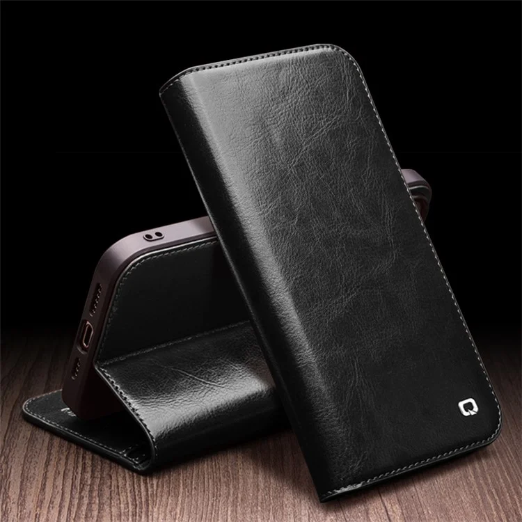QIALINO For iPhone 15 Plus Anti-Drop Genuine Leather Phone Case Stand Full Wrapped Wallet Flip Cover - Black-Cellmalls